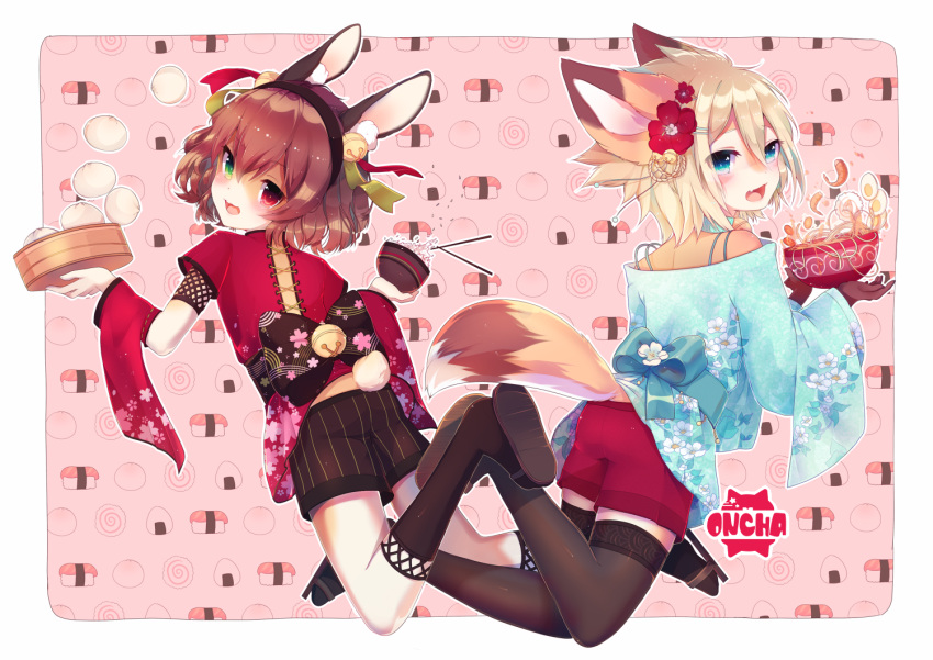 2017 accessory anthro arms_bent bangs bent_legs biped black_hairband blonde_hair border bowl brown_hair canid canine chopsticks clothed clothing container dark_hairband dipstick_tail duo egg_(food) flower flower_in_hair food fox hair hair_accessory hairband head_turned holding_bowl holding_container holding_food holding_object lagomorph leporid light_border looking_at_viewer looking_back looking_back_at_viewer mammal monotone_hair multicolored_tail noodles oncha one_calf_up plant prick_ears raised_calf raised_foot rice_ball short_hair shoulderless_clothing shrimp_(food) signature simple_background white_border