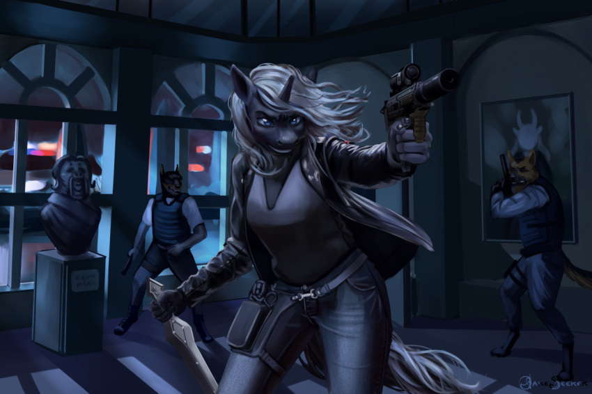 anthro black_body black_fur bottomwear canid canine canis city city_background clothed clothing dagger detailed_background dobermann domestic_dog equid equine female fingers fur furniture german_shepherd gloria_inverse guards gun hair herding_dog holding_object holding_weapon horn horse invalid_tag jacket jakeseeker leather leather_clothing leather_jacket leather_topwear machine_gun male mammal melee_weapon museum night open_mouth painting pants pastoral_dog pinscher police police_uniform ranged_weapon robbery sculpture solo standing statue topwear unicorn uniform weapon white_hair