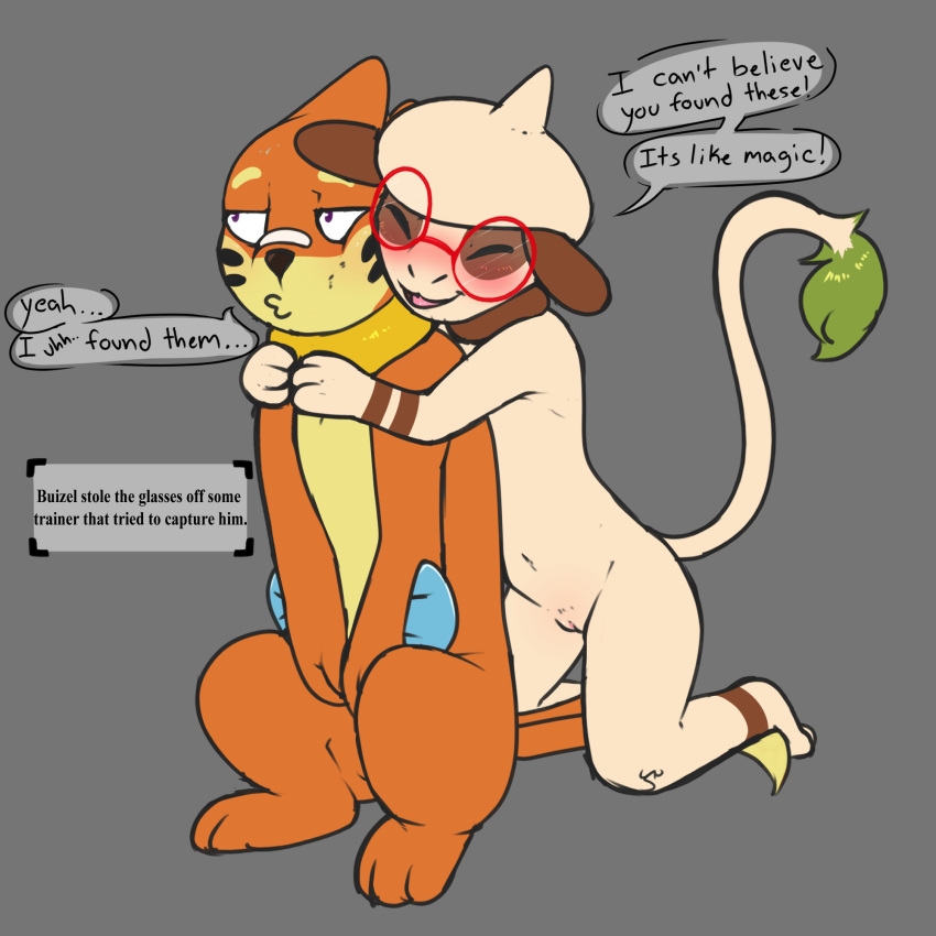 1:1 blush buizel buizel_(mr.smile) duo english_text eyewear female feral flat_chested genitals glasses hi_res hug hugging_from_behind male male/female mr.smile nintendo pok&eacute;mon pok&eacute;mon_(species) pussy smeargle text video_games