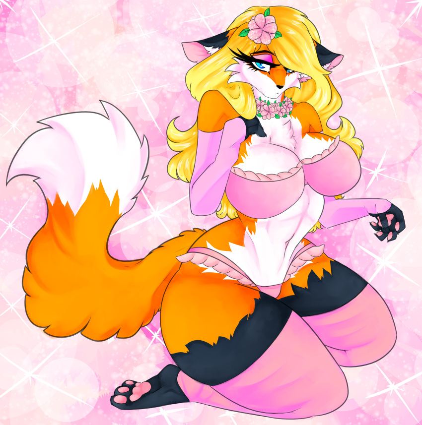 absurd_res anthro blonde_hair breasts canid canine cassielink clothing digital_media_(artwork) drawing exposed_breasts female flower fox hair hi_res invalid_tag lady_(disambiguation) leggings legwear mammal painting pawpads pinup plant pose sketch solo