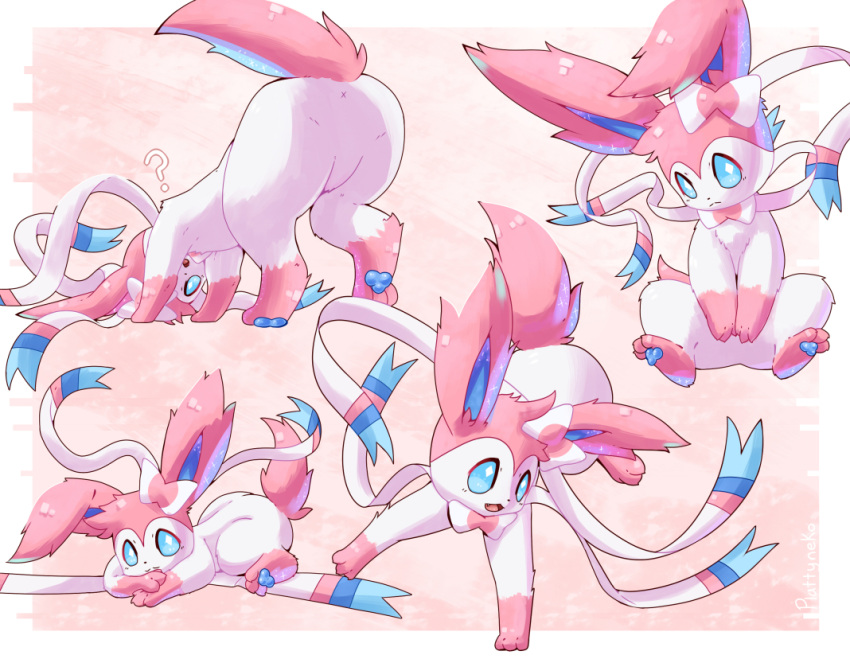 2019 3_toes ? all_fours ambiguous_gender anus anus_only ass_up blue_eyes blue_pawpads butt digital_media_(artwork) eeveelution feet feral fluffy fluffy_ears fluffy_tail fur head_down leg_markings markings multiple_poses nintendo one_ear_up open_mouth pawpads pink_body pink_ears pink_fur pink_tail plattyneko pok&eacute;mon pok&eacute;mon_(species) pose raised_tail rear_view ribbons socks_(marking) solo sylveon toes video_games white_body white_fur x_anus