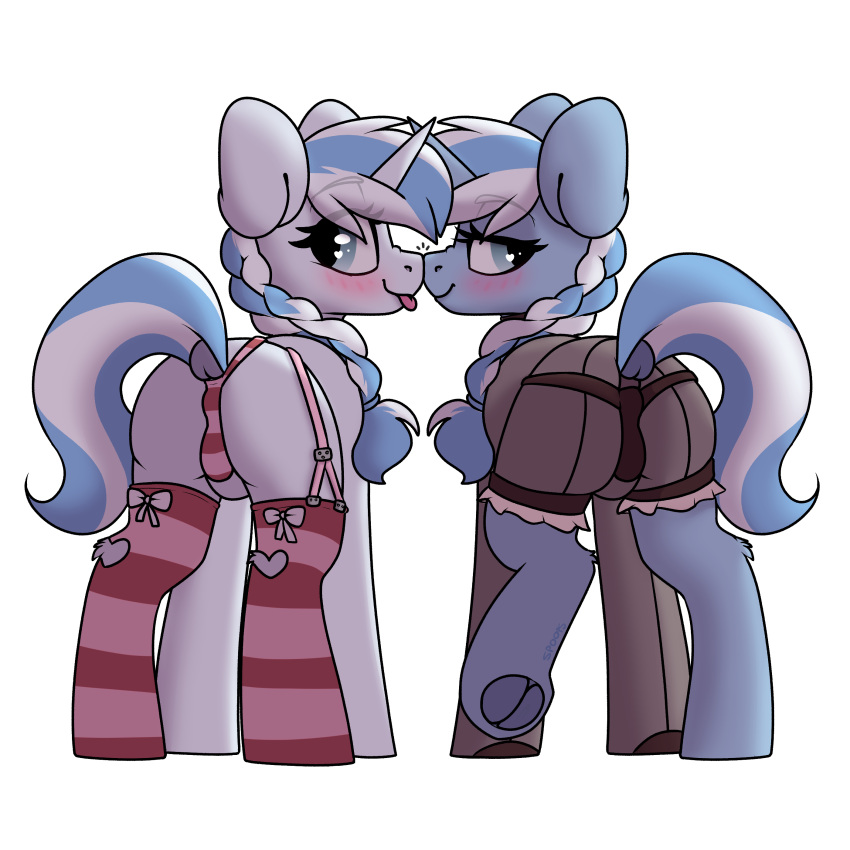 1:1 2019 absurd_res blue_body blue_fur blush boop butt clothing coldsnap_(oc) dock duo equid equine female female/female feral frostbite_(oc) fur hasbro hi_res hooves horn itsspoopsb legwear looking_at_viewer looking_back looking_back_at_viewer mammal my_little_pony nose_boop pattern_clothing pattern_legwear pattern_stockings rear_view simple_background smile stockings striped_clothing striped_legwear striped_stockings stripes tongue tongue_out underhoof unicorn white_background