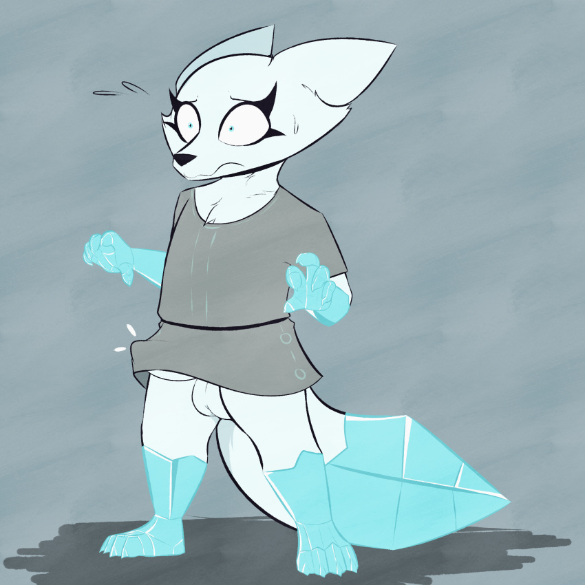 1:1 anthro arctic_fox balls bulge canid canine clothing detailed_bulge dwarfism elemental_creature fox fur genital_outline genitals hi_res ice male mammal mineral_fauna mrdegradation penis penis_outline samuel_coldpaws solo tunic white_body white_fur