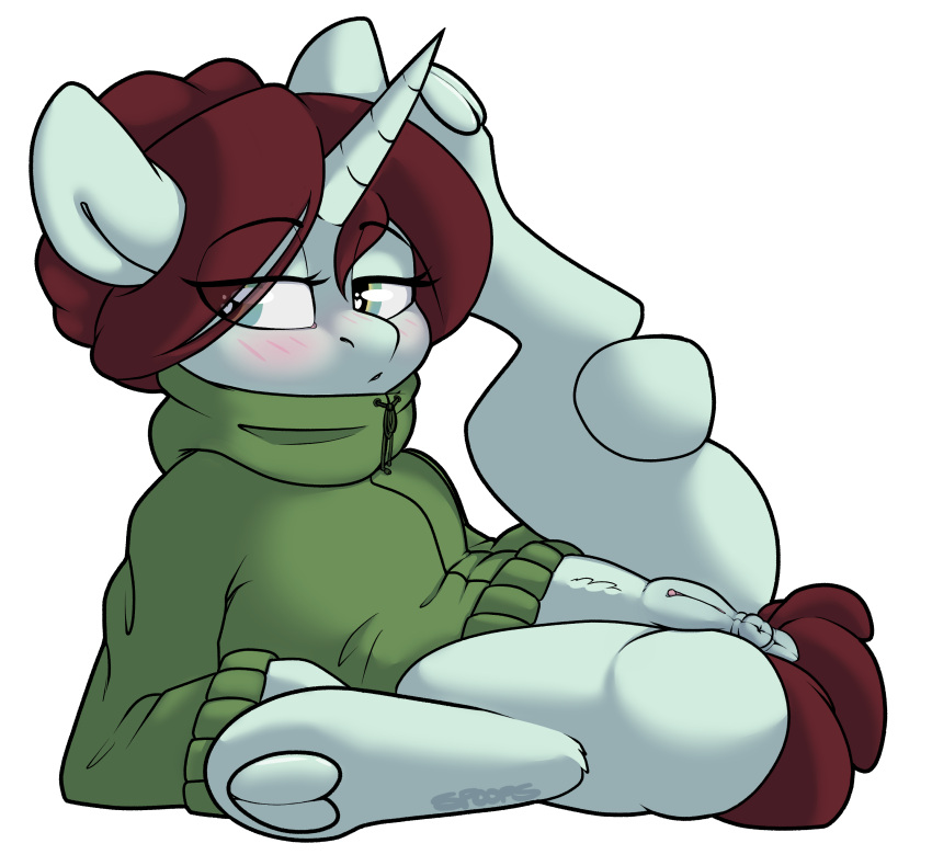 2019 absurd_res alpha_channel anus blush brown_hair clothing equid equine fan_character female fur genitals green_eyes hair hasbro hi_res hoodie hooves horn itsspoopsb looking_aside mammal my_little_pony pussy simple_background solo taffeta_(oc) topwear transparent_background unicorn white_body white_fur