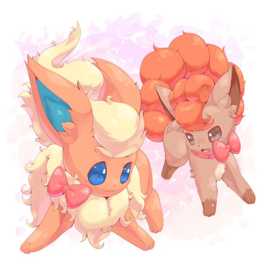 1:1 2019 3_toes ambiguous_gender blue_eyes brown_body brown_eyes brown_fur digital_media_(artwork) duo eeveelution feet feral flareon fluffy fluffy_tail fur hi_res leg_markings markings neck_tuft nintendo open_mouth orange_body orange_fur paws plattyneko pok&eacute;mon pok&eacute;mon_(species) quadruped ribbons simple_background socks_(marking) tan_body tan_fur toes tuft video_games vulpix