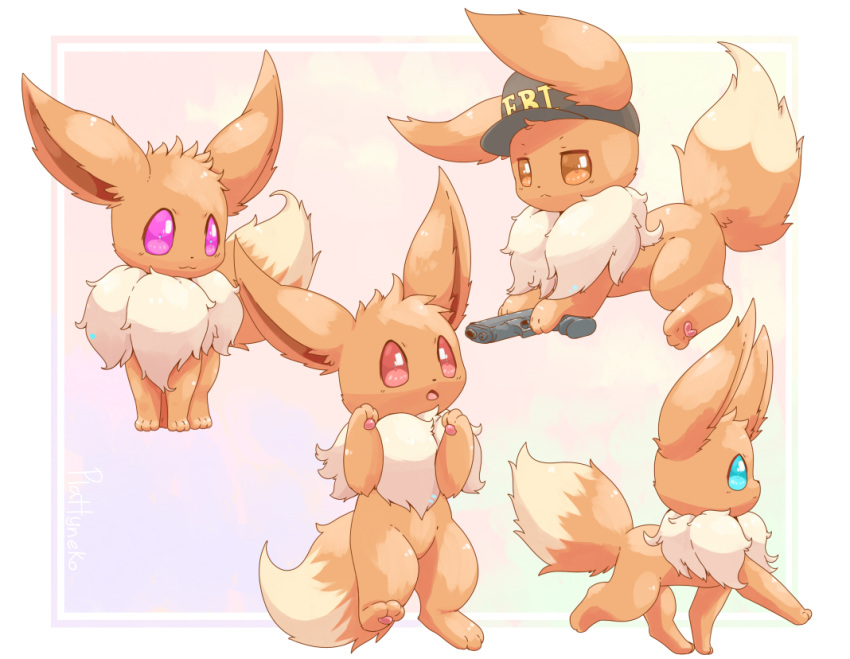 2019 3_toes all_fours ambiguous_gender black_nose blue_eyes brown_body brown_eyes brown_fur chest_tuft clothing dipstick_tail ears_up eevee english_text fbi fbi_eevee feet feral fluffy fluffy_ears fluffy_tail fur group gun hat headgear headwear looking_at_viewer multicolored_tail nintendo open_mouth pawpads pink_pawpads plattyneko pok&eacute;mon pok&eacute;mon_(species) pose purple_eyes quadruped ranged_weapon red_eyes snout text text_on_clothing text_on_hat text_on_headwear toes tongue tuft video_games weapon