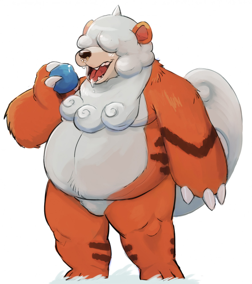 anthro black_nose curled_hair curled_tail facial_piercing food fur hair hair_over_eye hair_over_eyes hi_res hisuian_growlithe ijdraws male multicolored_body multicolored_fur nintendo nose_piercing obese one_eye_obstructed open_mouth orange_body orange_fur overweight piercing pok&eacute;mon pok&eacute;mon_(species) pokemon_legends_arceus regional_form_(pok&eacute;mon) solo teeth two_tone_body two_tone_fur video_games white_body white_fur