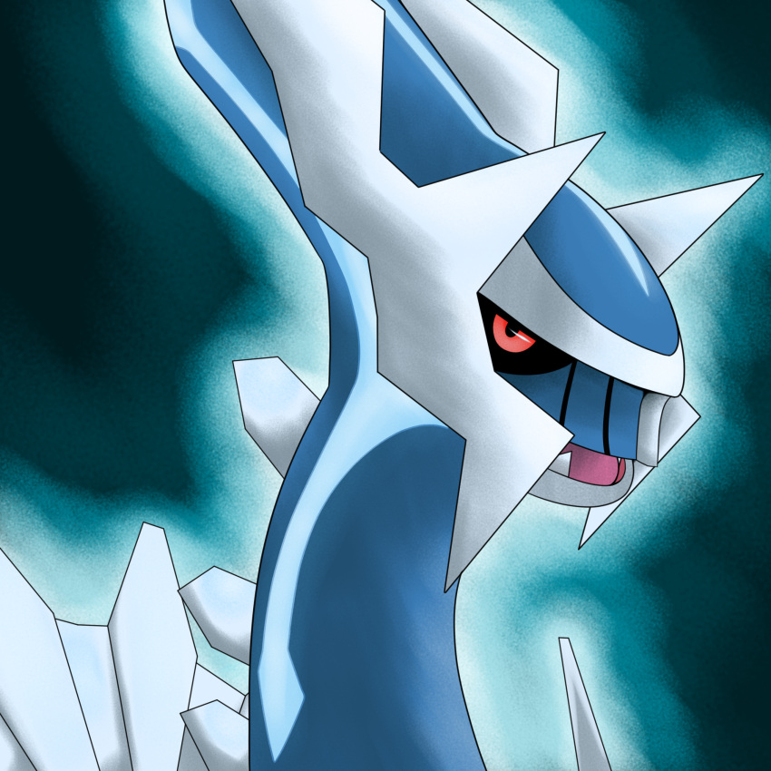 1:1 2021 ambiguous_gender armor beautyfromabove black_sclera blue_background blue_body bust_portrait dialga digital_media_(artwork) fangs feral glowing hi_res legendary_pok&eacute;mon markings nintendo pok&eacute;mon pok&eacute;mon_(species) portrait red_eyes simple_background solo video_games