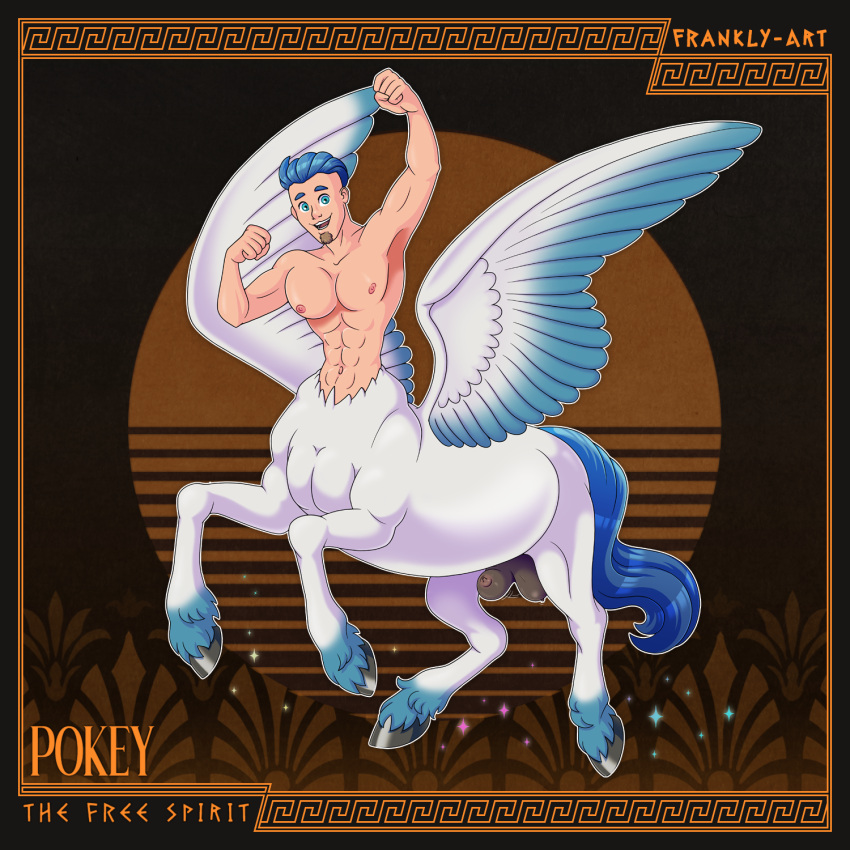 1:1 abs blue_eyes blue_hair equid equid_taur equine european_mythology facial_hair frankly-art goatee greek_mythology hair hi_res hooves horse humanoid humanoid_taur magic male mammal mammal_taur muscular muscular_male mythology navel pecs pegasus pholus_reborn pokey_(pholus_reborn) pterippus_taur smile solo sparkles taur teats wings