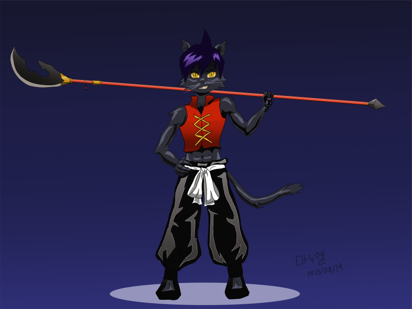 abs absurd_res black_clothing clothing domestic_cat felid feline felis fur glance grey_body grey_fur hair hi_res humanoid male mammal melee_weapon polearm purple_hair red_clothing shaded shaman_king smile solo spear weapon weapon_on_shoulder whiskers yellow_eyes yopo9810