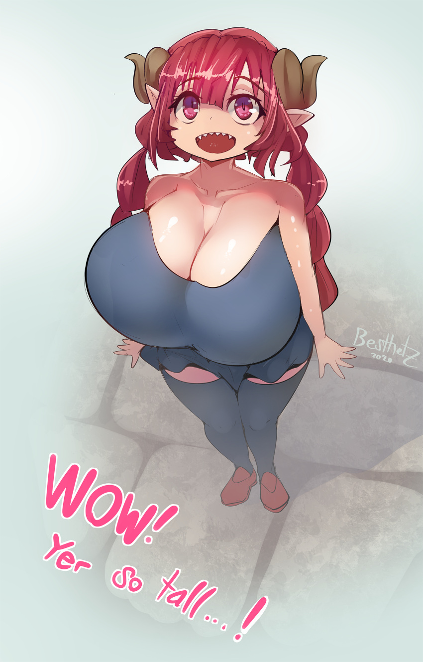 absurd_res besthetz big_breasts breasts cleavage clothed clothing female hair hi_res horn horned_humanoid huge_breasts humanoid humanoid_pointy_ears ilulu miss_kobayashi's_dragon_maid not_furry red_hair sharp_teeth solo teeth