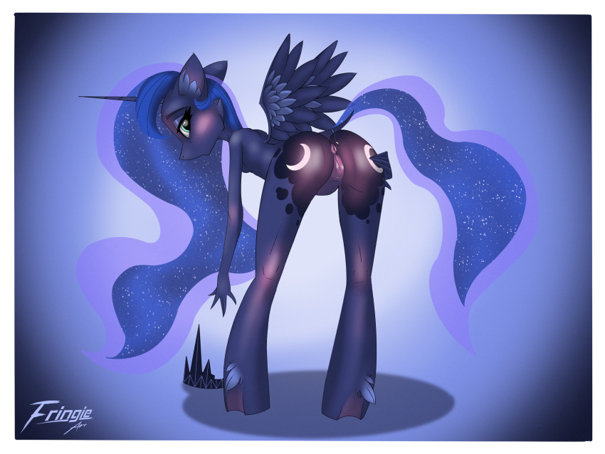 4:3 anthro anus bedroom_eyes bent_over blue_body blue_eyes blue_hair blush breasts butt cutie_mark equid equine ethereal_hair female friendship_is_magic fringie genitals hair hasbro hi_res horn horse humanoid looking_at_viewer looking_back mammal my_little_pony narrowed_eyes pony presenting princess_luna_(mlp) puffy_anus pussy seductive small_breasts solo thigh_gap unicorn_horn wing_boner winged_unicorn wings