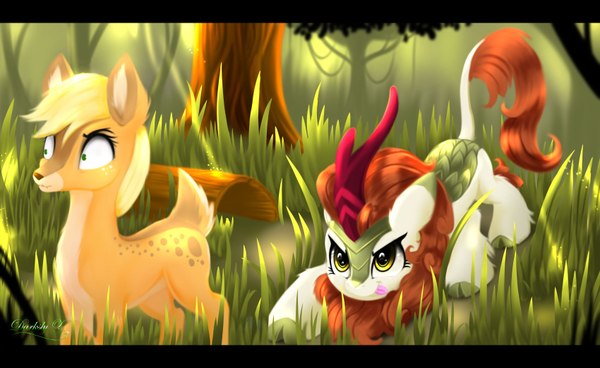 2021 absurd_res applejack_(mlp) asian_mythology autumn_blaze_(mlp) cervid chinese_mythology darksly-z digital_media_(artwork) duo east_asian_mythology eyelashes female feral friendship_is_magic grass hasbro hi_res kirin licking licking_lips log mammal my_little_pony mythology outside plant tongue tongue_out tree wood