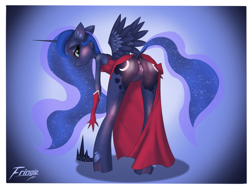 4:3 anthro anthrofied anus armwear ass_up blue_body blue_eyes blue_hair blush breasts butt clothing clothing_aside cutie_mark dress dress_aside dress_up elbow_gloves equid equine ethereal_hair feathered_wings feathers female friendship_is_magic fringie genitals gloves hair handwear hasbro hi_res horn horse humanoid mammal my_little_pony pony princess_luna_(mlp) pulled_to_side pussy raised_tail red_clothing red_dress small_breasts solo thigh_gap wing_boner winged_unicorn wings