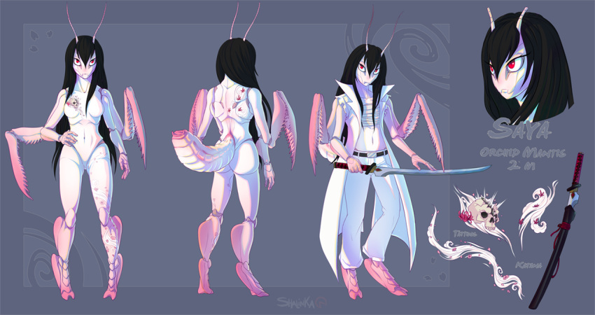 antennae_(anatomy) anthro arthropod arthropod_abdomen breasts butt clothed clothing female fully_clothed hair holding_object holding_weapon insect looking_at_viewer mantis melee_weapon model_sheet multi_arm multi_limb nude rear_view red_eyes shalinka sheathed_weapon solo sword tattoo weapon