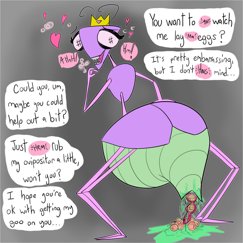 &lt;3 1:1 alien anthro arthropod breath burgerpocalypse crown dialogue egg english_text female hand_on_hip hi_res oviposition ovipositor rear_view sharp_teeth slime smile smiling_at_viewer solo talking_to_viewer teeth text