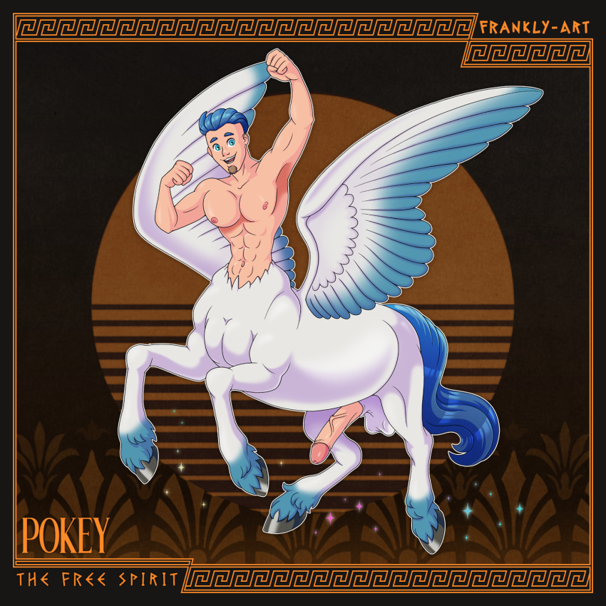 1:1 abs balls blue_eyes blue_hair equid equid_taur equine erection european_mythology facial_hair frankly-art genitals goatee greek_mythology hair hi_res hooves humanoid humanoid_genitalia humanoid_penis humanoid_taur invalid_tag magic male mammal mammal_taur muscular muscular_male mythology navel pecs pegasus penis pholus_reborn pokey_(pholus_reborn) pterippus_taur smile solo sparkles taur wings