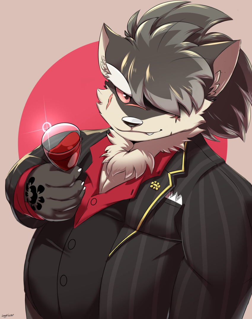 alcohol anthro beverage canid canine canis clothing domestic_dog draggintoucan dress_shirt fur hair hi_res long_hair male mammal multicolored_body multicolored_fur musclegut pinstripe_suit ponytail scar shino_(housamo) shirt solo suit tokyo_afterschool_summoners topwear two_tone_body two_tone_fur video_games wine wine_glass