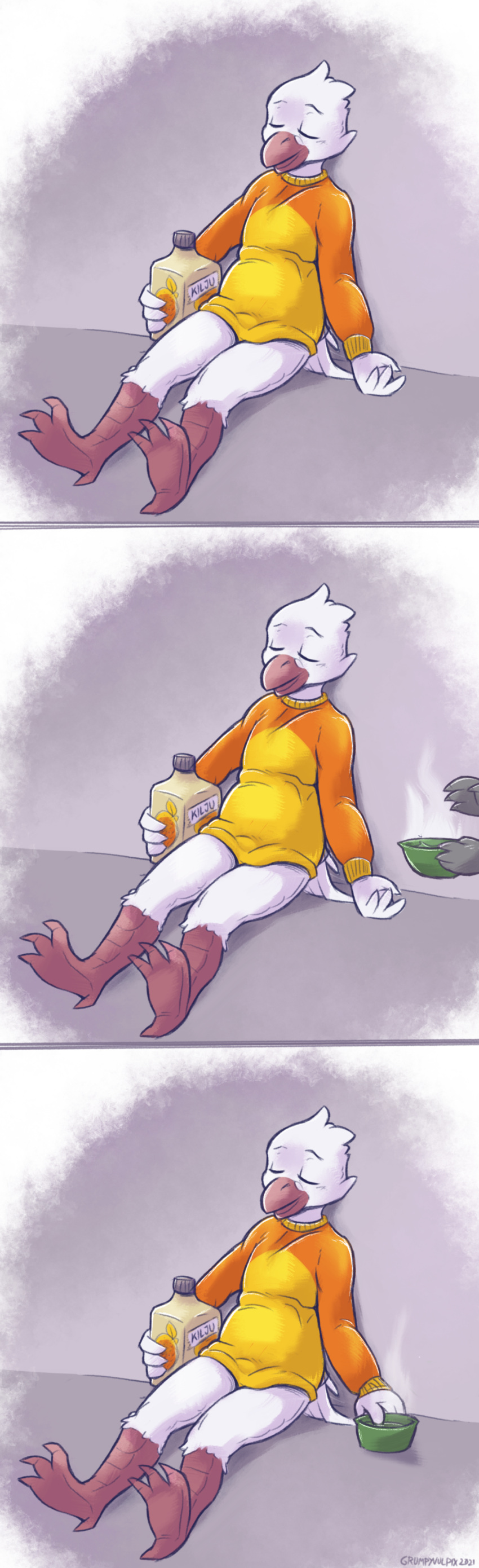 absurd_res alcohol anthro avian barefoot beak beverage bird bottomless bulge claws clothed clothing columbid conditional_dnp digital_media_(artwork) dove drunk duo eyes_closed feet green_bowl grumpyvulpix hi_res imminent_watersports male prank pudgy_belly shaded shirt sitting sleeping solo solo_focus substance_intoxication topwear warm_water_prank water