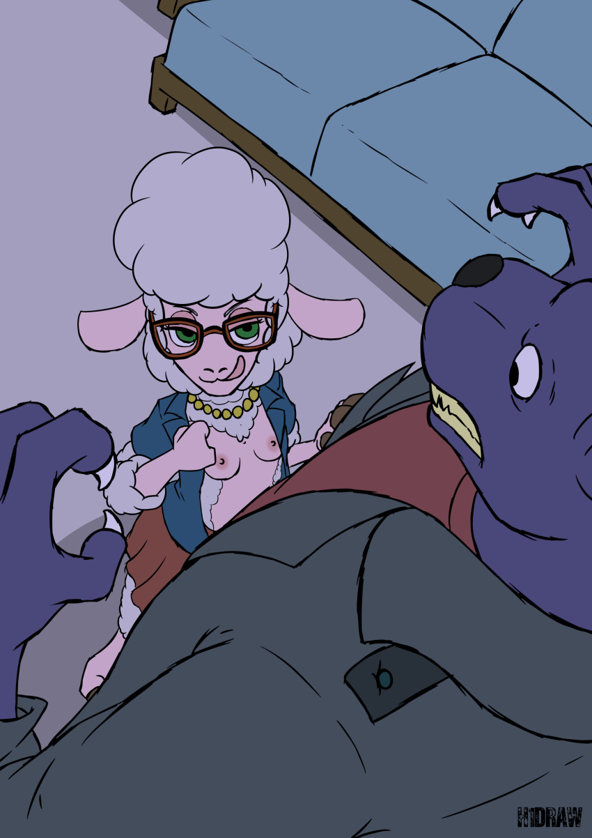 absurd_res anthro areola bottomwear bovid breasts caprine clothing dawn_bellwether disney duo eyewear felid female glasses h1draw hi_res jacket male male/female mammal nipples pantherine sheep skirt tongue tongue_out topwear zootopia