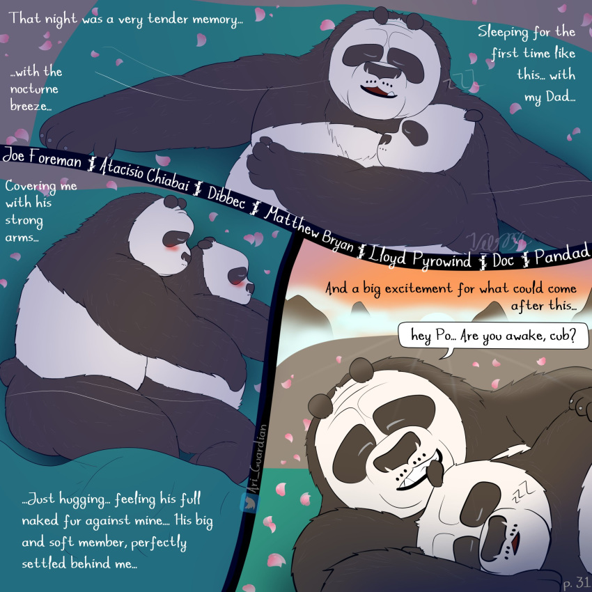 1:1 2021 anthro ari_guardian belly bite black_body black_nose blush comic cuddling dialogue dreamworks duo ear_bite english_text eyes_closed father father_and_child father_and_son giant_panda hi_res hug incest_(lore) kung_fu_panda li_shan_(kung_fu_panda) lying male male/male mammal master_po_ping outside overweight overweight_male parent parent_and_child sleeping son text ursid white_body