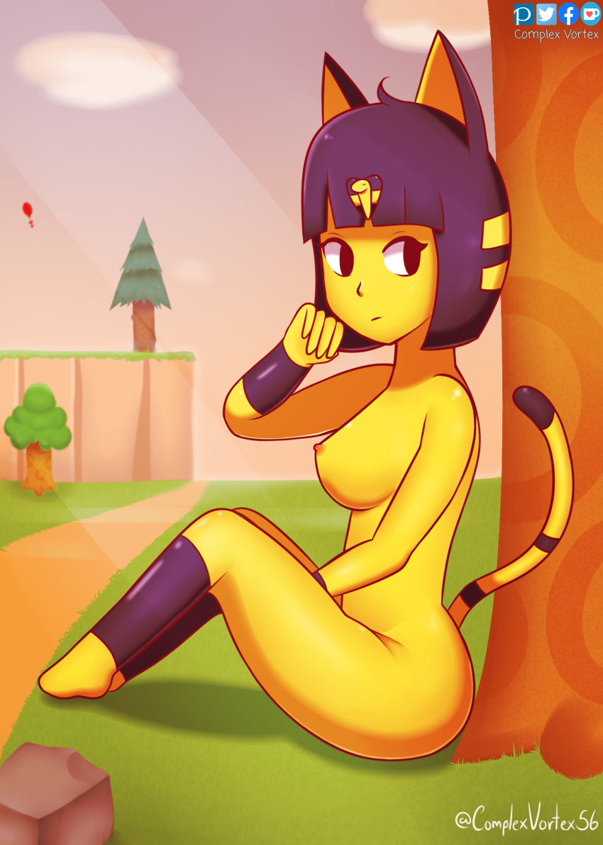 animal_crossing animal_humanoid ankha_(animal_crossing) blue_hair breasts cat_humanoid complex_vortex exposed_breasts felid felid_humanoid feline feline_humanoid felis female fur hair hi_res humanoid mammal mammal_humanoid nintendo nipples nude outside public public_nudity solo sunset video_games yellow_body yellow_fur