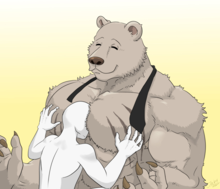 2021 abs absurd_res anon anthro beastars big_muscles big_pecs brown_bear claws duo eyes_closed face_in_chest fur hi_res humanoid humanoid_on_anthro jabuhusky male male/male mammal muscular muscular_anthro muscular_male necktie nude pec_grasp pec_smothering pecs riz_(beastars) scar simple_background size_difference smile tuft ursid ursine white_background