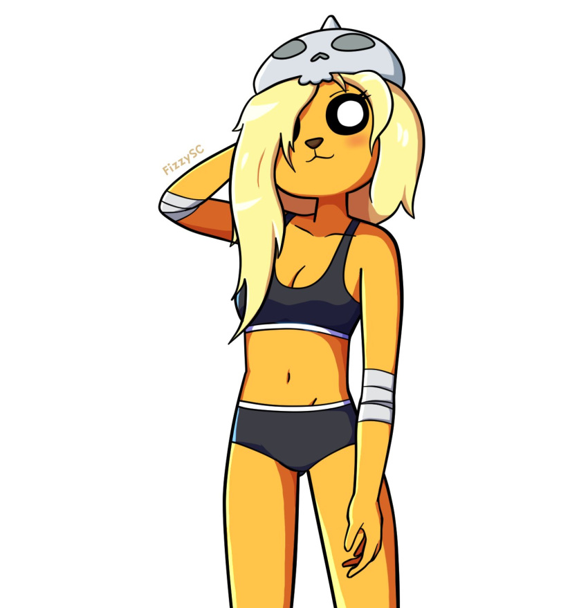 adventure_time anthro armor blush bra breasts bronwyn canid canine canis cartoon_network cleavage clothed clothing domestic_dog female fizzyspidercider2 hair hair_over_eye headgear helmet hi_res horn hybrid mammal midriff one_eye_obstructed panties rainicorn simple_background solo underwear ursid white_background