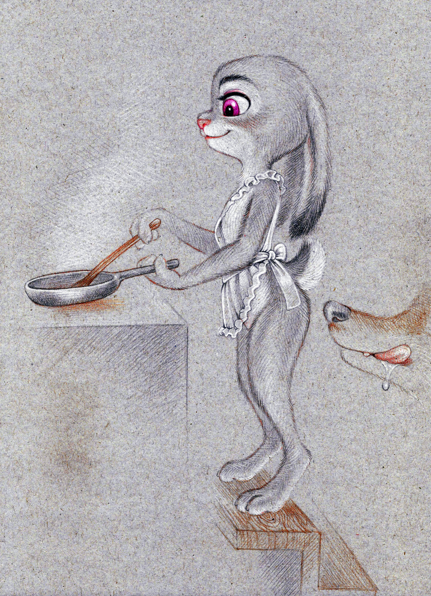 absurd_res anthro apron apron_only bodily_fluids canid canine clothing cooking cookware dipstick_ears disney drooling duo female fox frying_pan fuchs fur grey_body grey_fur hi_res judy_hopps kitchen_utensils lagomorph leporid licking licking_lips male mammal mostly_nude multicolored_ears nick_wilde purple_eyes rabbit saliva scut_tail simple_background smile tongue tongue_out tools traditional_media_(artwork) zootopia