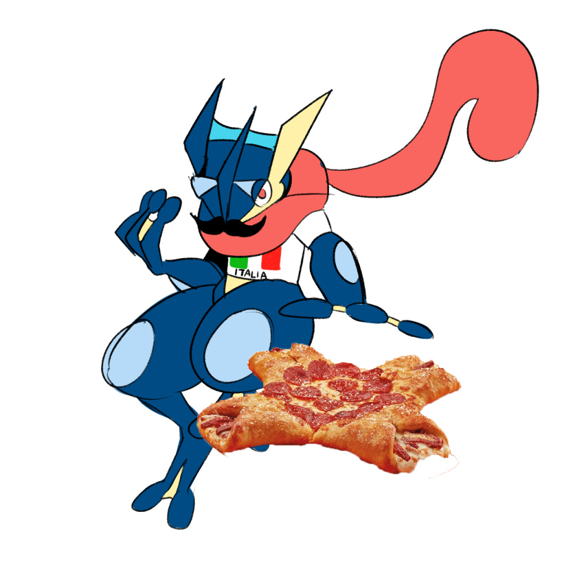 2021 ambiguous_gender anthro calzone clothed clothing facial_hair food gesture greninja hi_res humor italian_flag little_caesars looking_at_viewer mustache ninja nintendo pizza pok&eacute;mon pok&eacute;mon_(species) shirt simple_background solo thegreyzen throwing topwear video_games warrior weapon white_background