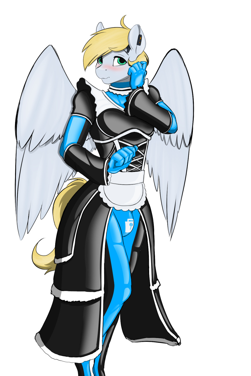 2021 2:3 anthro blonde_hair blue_latex blush bulge clothing cutting_chipset d-lowell ear_piercing equid equine fan_character girly green_eyes hair hasbro hi_res hypnosis hypnotic_eyes hypnotic_visor lock_bulge lock_symbol maid_uniform male mammal mind_control my_little_pony null_bulge pegasus piercing pose rubber rubber_suit simple_background skinsuit solo spiral_eyes standing tight_clothing uniform white_background wings