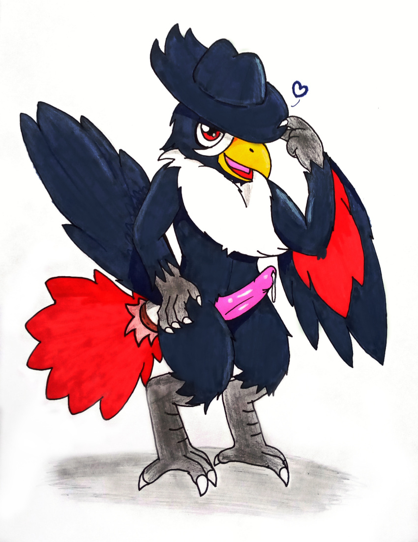 absurd_res anthro avian bird black_body bodily_fluids clothing corvid dripping erection feather_tuft feathers genital_fluids genitals glury_the_unown hat headgear headwear hi_res honchkrow internal_balls male multicolored_body multicolored_feathers nintendo nude oscine passerine penis pink_penis pok&eacute;mon pok&eacute;mon_(species) pok&eacute;morph precum precum_drip solo tuft victor_(honchkrow) video_games wings
