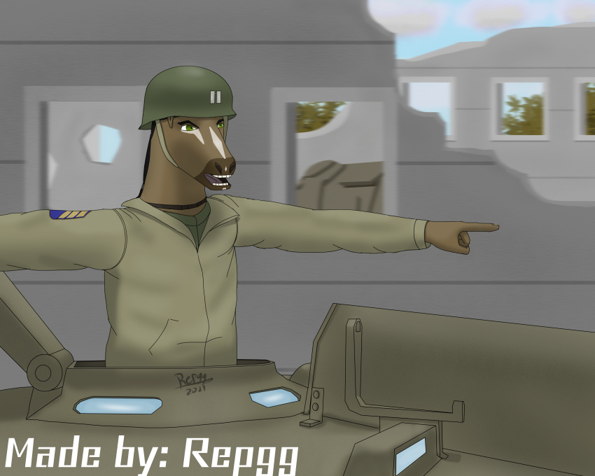 5:4 absurd_res anthro clothing equid equine hi_res horse male mammal military military_uniform military_vehicle open_mouth repgg solo uniform