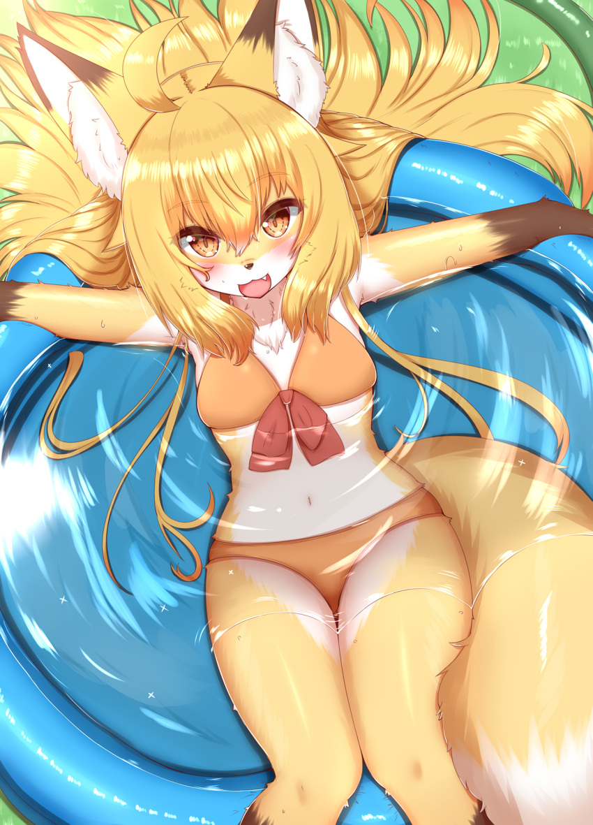 2021 ahoge amber_eyes anthro bikini blonde_hair blush breasts brown_body brown_fur brown_nose canid canine chest_tuft clothed clothing cute_fangs dipstick_ears dipstick_tail female fluffy fluffy_tail fox fur gloves_(marking) hair hi_res high-angle_view horokusa0519 inner_ear_fluff kemono kiddie_pool korai_(horokusa) leg_markings long_hair looking_at_viewer mammal markings multicolored_body multicolored_ears multicolored_fur multicolored_tail navel open_mouth open_smile partially_submerged smile socks_(marking) solo swimwear tongue tuft wet wet_body white_body white_fur yellow_body yellow_fur