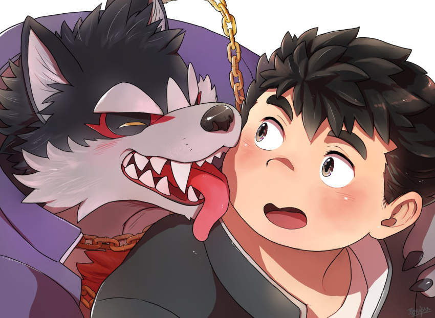 anthro blush canid canine canis chain cheek_lick chubby_protagonist_(tas) domestic_dog duo face_lick garmr hijirinoyuta human licking male male/male mammal protagonist_(tas) tokyo_afterschool_summoners tongue tongue_out video_games