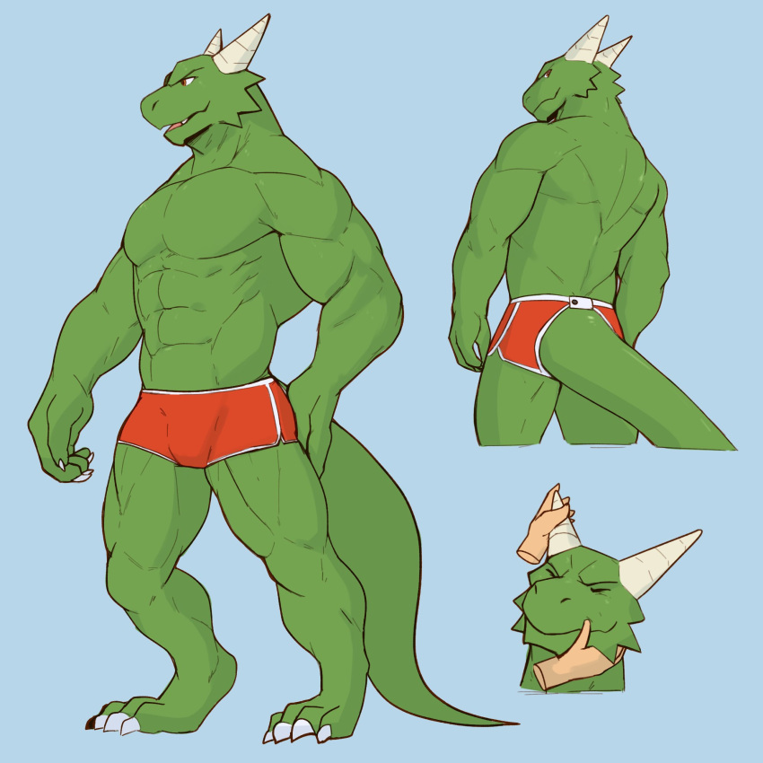 1:1 2021 abs anthro back_muscles big_muscles blue_background bottomwear claws clothed clothing digitigrade disembodied_hand dragon eyes_closed furgonomics green_body hi_res horn hotpants jrjresq light_body light_skin male muscular muscular_anthro muscular_male obliques pecs petting quads scalie shorts simple_background smile solo standing tail_clothing topless