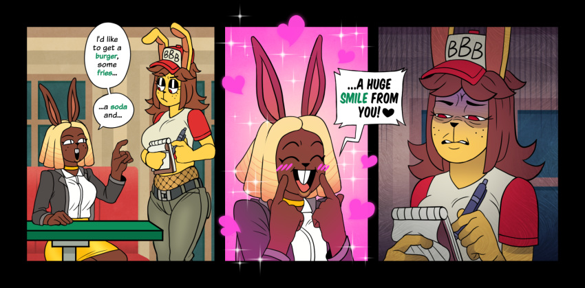 &lt;3 anthro big_bun_burgers blonde_hair brown_hair chloe_(ponehanon) claire_(ponehanon) clothed clothing english_text fast_food female fishnet food hair hi_res lagomorph leporid mammal ponehanon rabbit red_eyes smile text work_clothes work_uniform