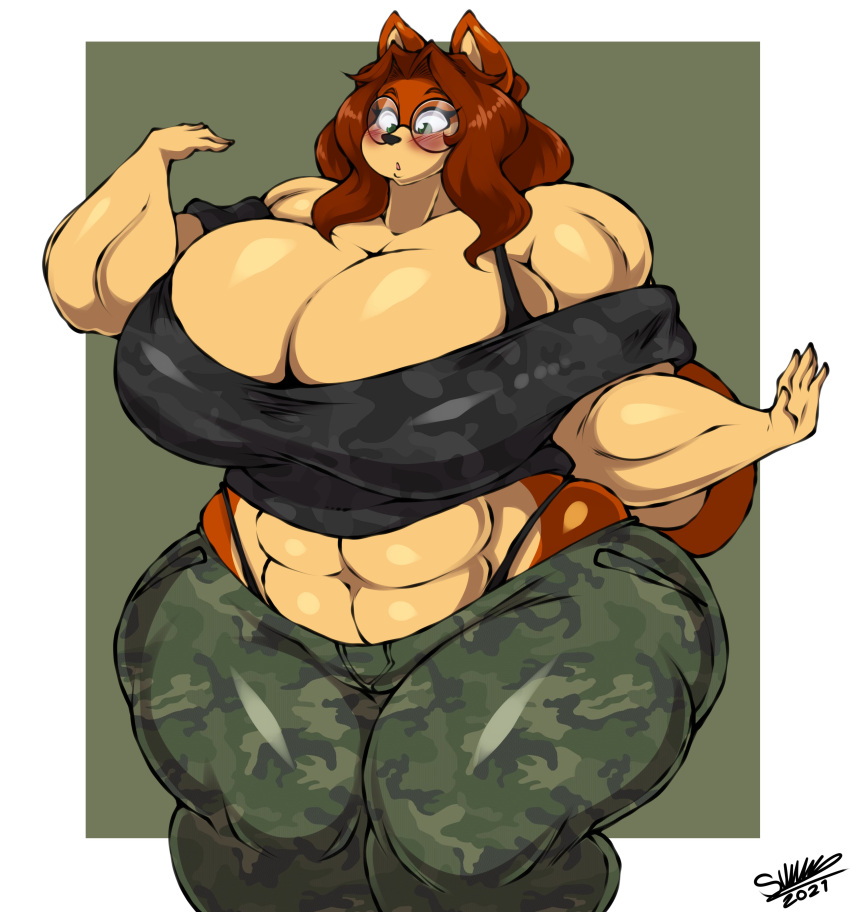 2021 5_fingers abs absurd_res anthro big_breasts blush breasts brown_hair canid canine canis dated domestic_dog eyewear female fingers glasses green_eyes hair hi_res huge_breasts mammal muscular muscular_anthro muscular_female signature solo superia superix thick_thighs