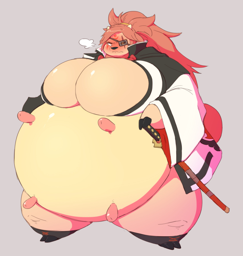 2021 alternate_species anthro arc_system_works asian_clothing baiken big_breasts black_nose blush breasts clothing east_asian_clothing eye_patch eyewear female guilty_gear hair hooves horn huge_breasts implied_transformation melee_weapon miltank nintendo overweight overweight_anthro pok&eacute;mon pok&eacute;mon_(species) red_hair simple_background solo standing subakitsu sword teats udders video_games weapon wide_hips