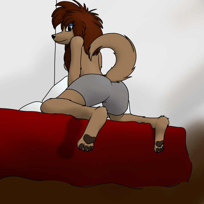 1:1 anthro bed black_nose blue_eyeshadow boxers_(clothing) brown_body brown_fur brown_pawpads butt canid canine canis clothing digitigrade disney domestic_dog eyeshadow female fur furniture hair half-closed_eyes hi_res how-about inviting kneeling looking_at_viewer looking_back makeup mammal narrowed_eyes oliver_and_company on_bed pawpads paws presenting presenting_hindquarters raised_tail red_hair rita_(disney) solo underwear