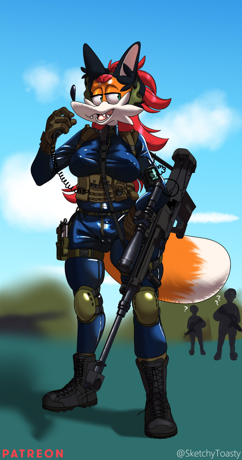 135:256 2021 4k absurd_res ambiguous_gender anthro belt blue_jumpsuit breasts bulletproof_vest camel_toe canid canine clothed clothing cute_fangs dialogue digital_drawing_(artwork) digital_media_(artwork) english_text erect_nipples fangs female fox full-length_portrait fur gloves green_eyes group gun hair handgun handwear headgear headwear hi_res holding_object holster holstered_pistol jumpsuit knee_pads mammal multicolored_body multicolored_fur nipples open_mouth orange_body orange_fur pepper_(sketchytoasty) pistol portrait ranged_weapon red_fox rifle scope shaded sketchytoasty sniper_rifle standing straps tactical_belt tactical_gloves text thick_thighs tongue topwear tuft uniform walkie_talkie weapon