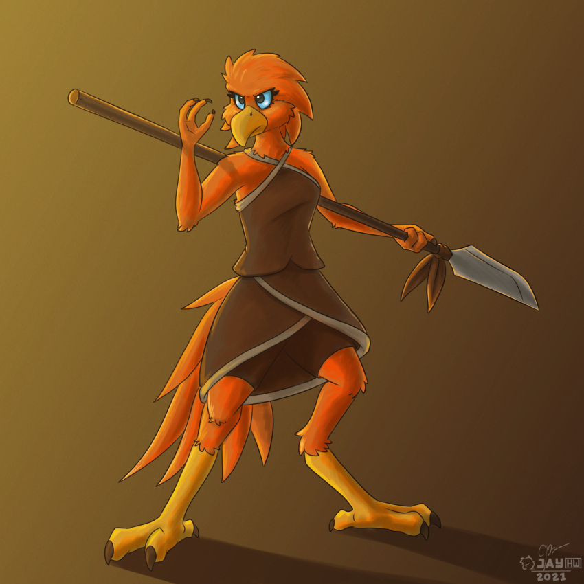 1:1 2021 3_fingers 3_toes absurd_res action_pose amara_(windborn) anthro avian beak bird bird_feet blue_eyes digital_media_(artwork) eyelashes feathers feet female fingers hi_res melee_weapon orange_body orange_feathers polearm pose sammfeatblueheart signature solo spear tail_feathers toes watermark weapon windborn