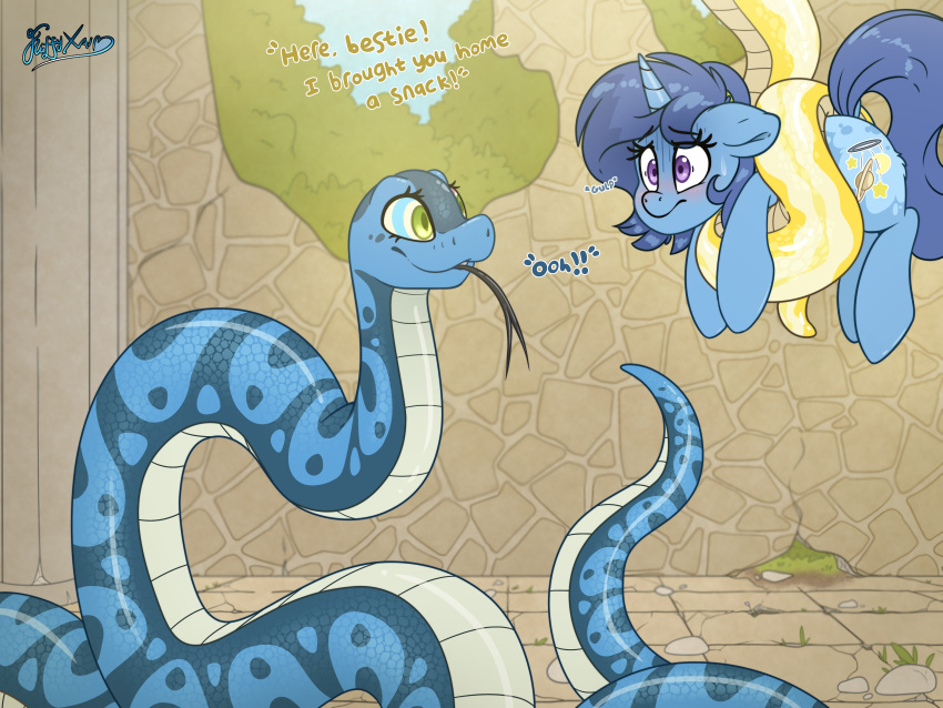 4:3 absurd_res blue_body blue_scales coiling cutie_mark dialogue english_text equid equine fan_character female fluffyxai forked_tongue hasbro hi_res horn mammal my_little_pony reptile ruins scales scalie scared snake spiral_eyes text tongue tongue_wrap unicorn