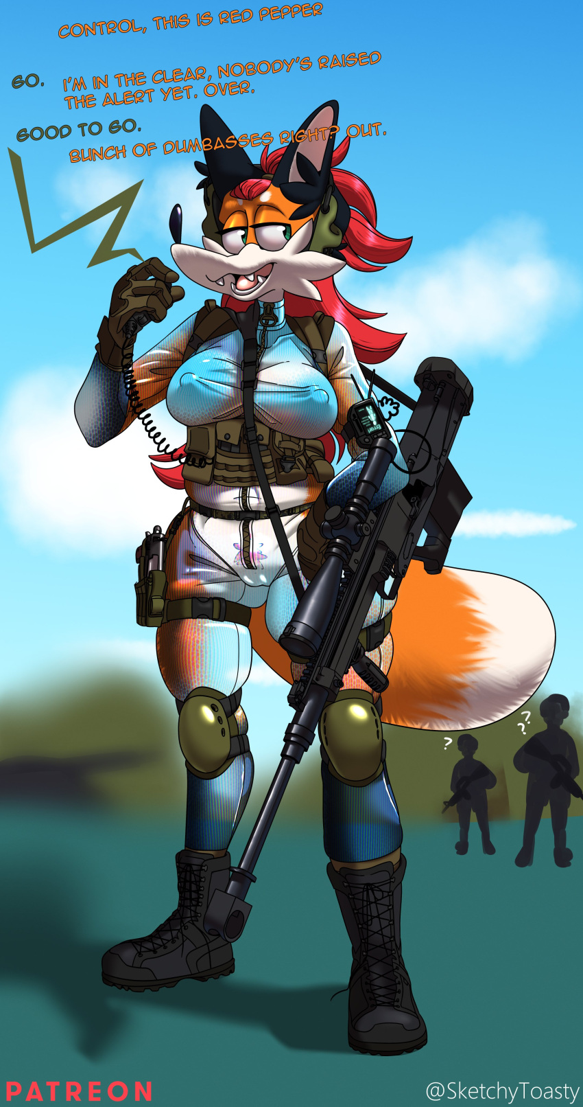 135:256 2021 4k absurd_res ambiguous_gender anthro belt breasts bulletproof_vest camel_toe canid canine clothed clothing cute_fangs dialogue digital_drawing_(artwork) digital_media_(artwork) english_text erect_nipples fangs female fox full-length_portrait fur gloves green_eyes group gun hair handgun handwear headgear headwear hi_res holding_object holster holstered_pistol jumpsuit knee_pads mammal multicolored_body multicolored_fur nipples open_mouth orange_body orange_fur pepper_(sketchytoasty) pistol portrait ranged_weapon red_fox rifle scope shaded sketchytoasty sniper_rifle standing straps tactical_belt tactical_gloves text thick_thighs tongue topwear tuft uniform walkie_talkie weapon