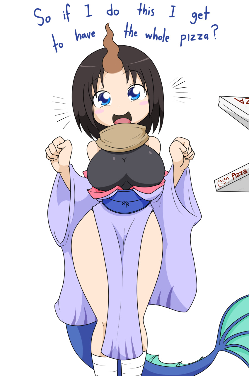 2018 animal_humanoid aquatic_dragon aquatic_dragon_humanoid big_breasts black_hair blue_eyes blush breasts clothing curvy_figure dialogue digital_media_(artwork) dragon dragon_humanoid dress elma_(dragon_maid) english_text female fingers food hair hi_res horn horned_humanoid hourglass_figure huge_breasts humanoid looking_at_viewer marine marine_humanoid miss_kobayashi's_dragon_maid not_furry pizza pizza_box sandwich-anomaly simple_background smile solo standing talking_to_viewer tan_body tan_skin text thick_thighs tongue voluptuous white_background wide_hips
