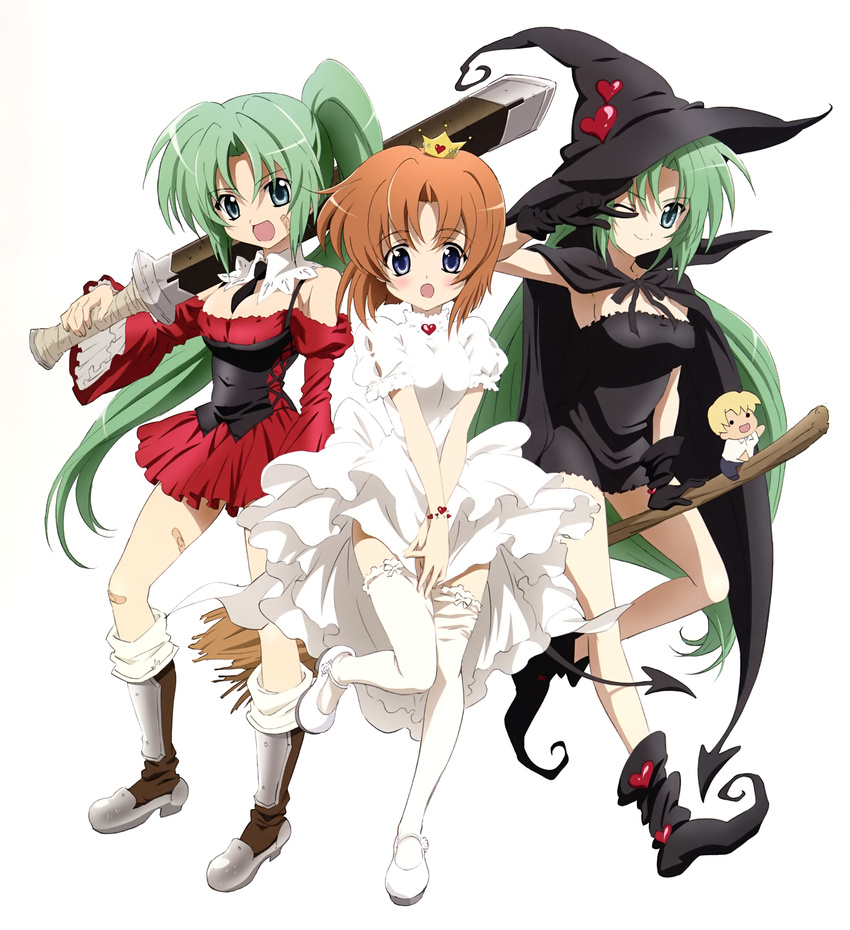 3girls absurdres aqua_eyes bandaid bangs blue_eyes blush boots broom cape character_doll check_artist cosplay costume crown dress gloves green_hair halloween halloween_costume hat highres higurashi_no_naku_koro_ni houjou_satoshi long_hair mary_janes multiple_girls necktie off_shoulder official_art open_mouth orange_hair ponytail ryuuguu_rena sakai_kyuuta shoes short_dress short_hair siblings sisters sonozaki_mion sonozaki_shion strapless thighhighs twins very_long_hair weapon white_dress witch witch_hat