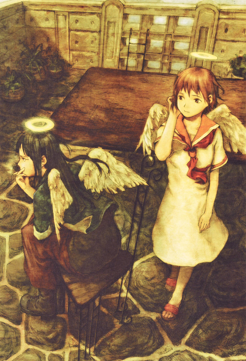 abe_yoshitoshi absurdres angel_wings black_hair brown_eyes brown_hair cigarette haibane_renmei halo highres long_hair multiple_girls orange_sailor_collar rakka reki sailor_collar scan short_hair sleeves_rolled_up smoking wings