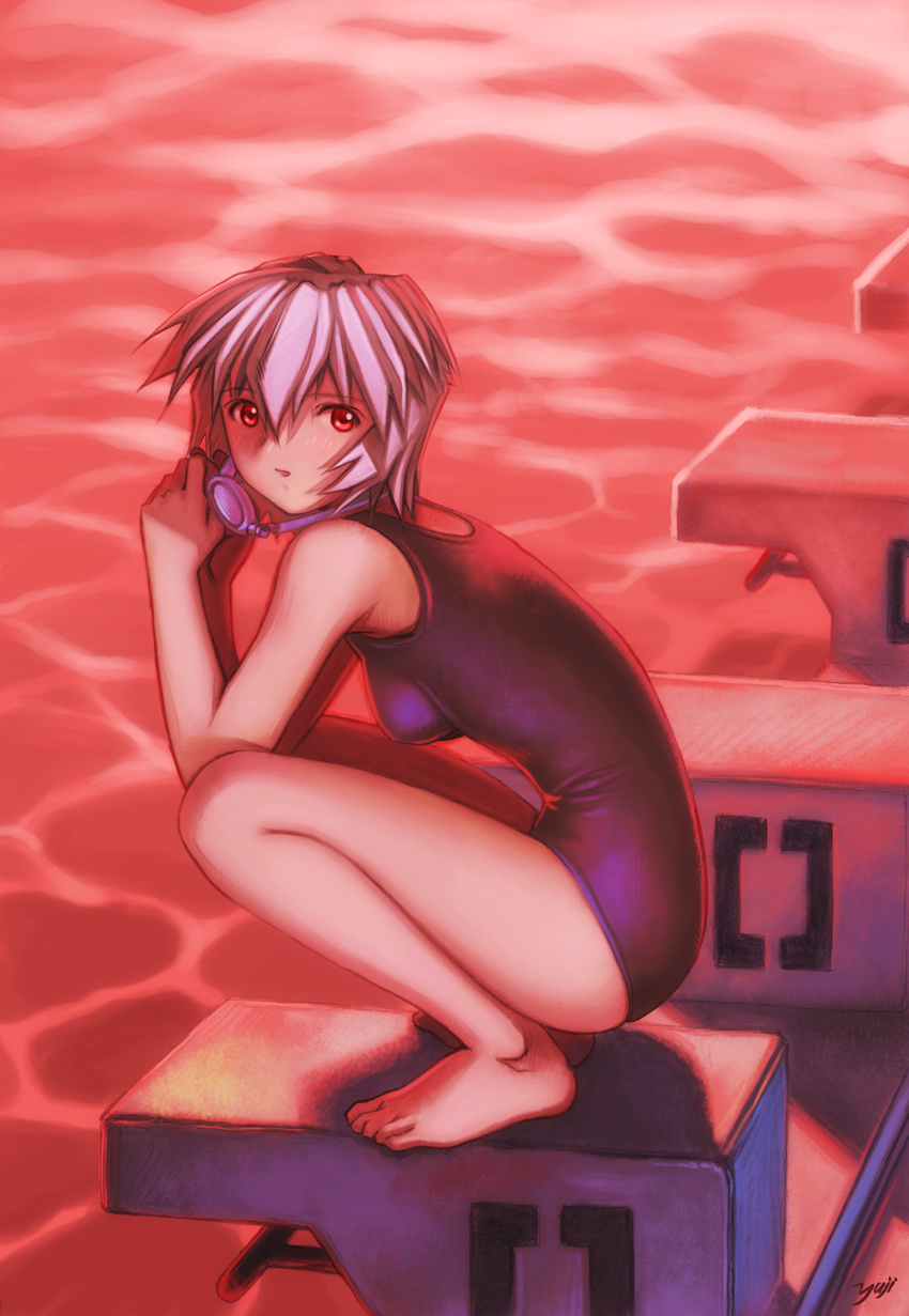 ayanami_rei barefoot blue_hair breasts diving_block from_side goggles highres kobayashi_yuuji looking_at_viewer neon_genesis_evangelion one-piece_swimsuit pool red red_eyes ripples school_swimsuit small_breasts solo squatting starting_block swimsuit