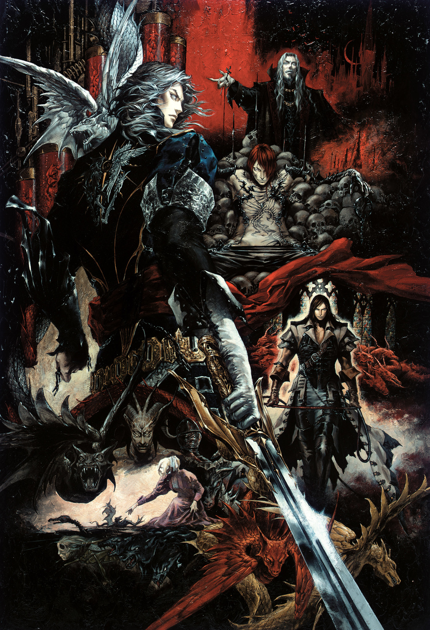 5boys absurdres castlevania castlevania:_curse_of_darkness demon dracula hector_(castlevania) highres issac_(castlevania) julia_laforeze kojima_ayami male_focus monster multiple_boys official_art ralph_c_belmondo skull sword traditional_media vampire weapon whip