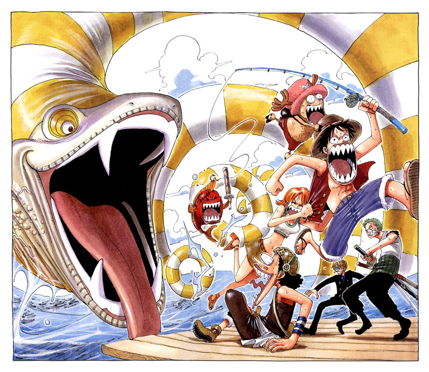 4boys animal cloud eye_pop giant_snake hat highres midriff monkey_d_luffy multiple_boys nami_(one_piece) ocean oda_eiichirou one_piece oversized_animal pink_hat reindeer roronoa_zoro sanji sharp_teeth snake straw_hat sword teeth tony_tony_chopper usopp water weapon